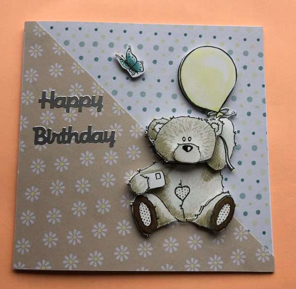 Decoupage teddy holding balloon with Happy birthday greeting