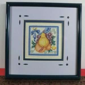 Pear in cross stitch with blue surround and frame