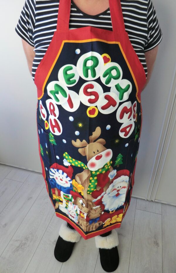 Christmas apron being worn