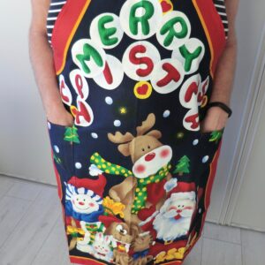 Christmas apron showing pockets in use