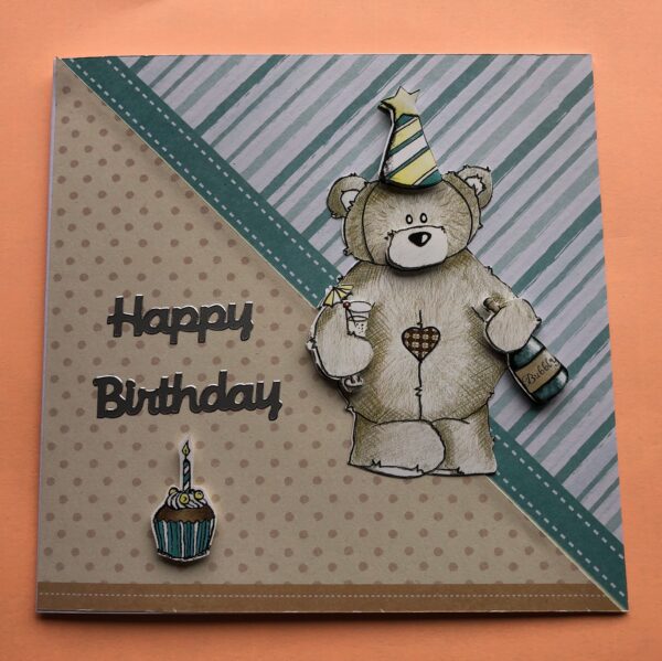 happy birthday card with teddy holding champagne