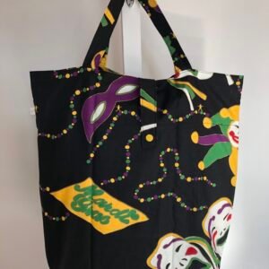 Foldable bag with a Mardi Gras design showing masks