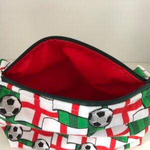 inside of England football pouch showing red lining fabric